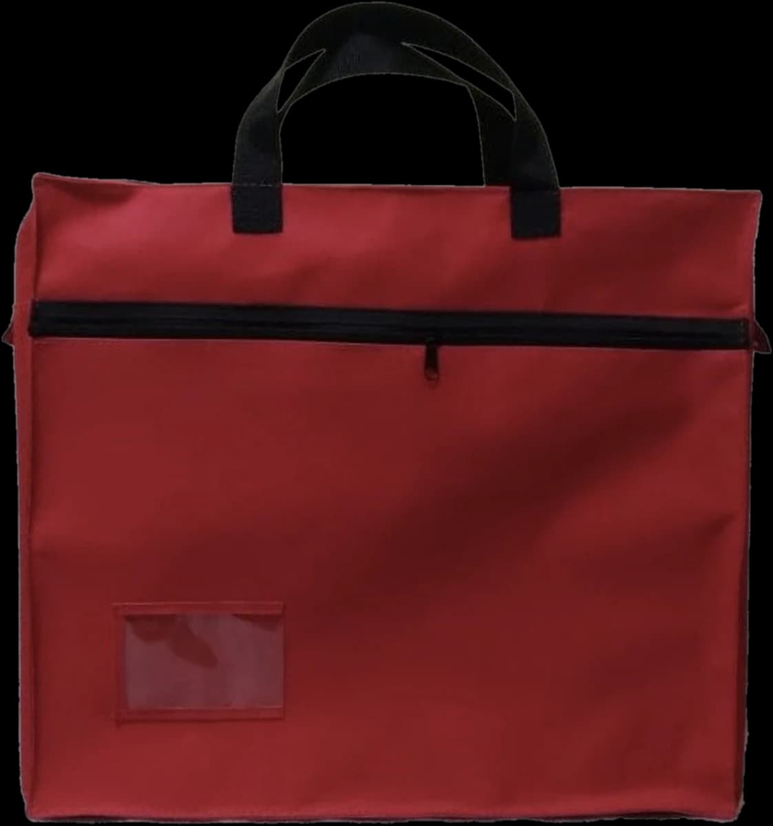 Malote vermelho em nylon 600 com bolso externo frontal, duas alças e visor de identificação